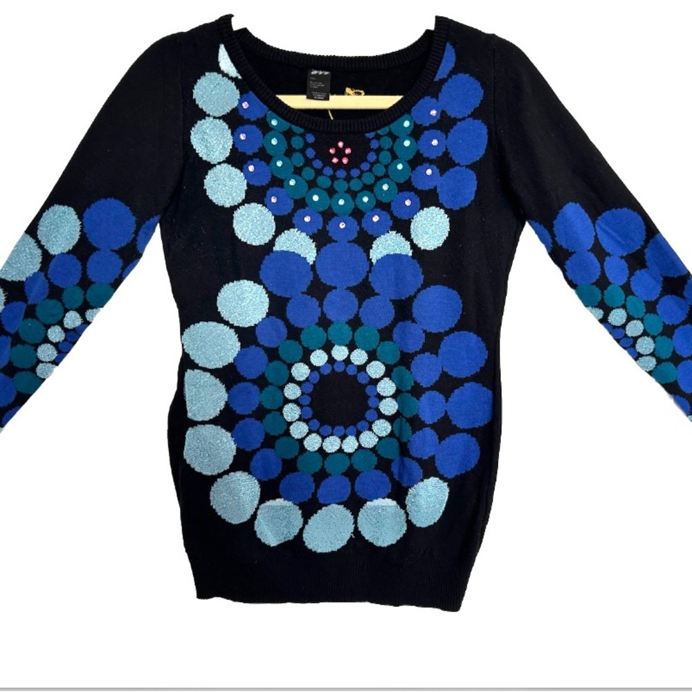 Desigual Long Sleeve Sweater Medium Black with colorful pattern and rhinestones.